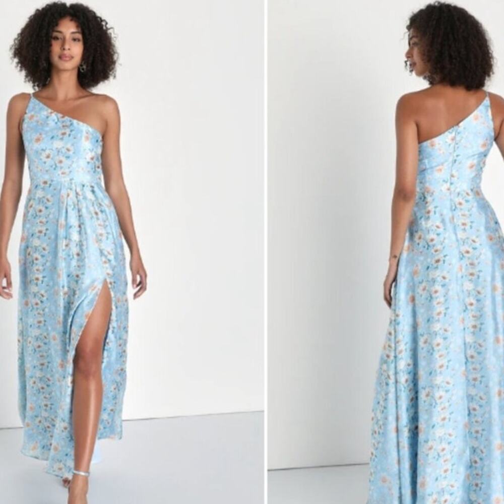 Bloom Into Love Blue Floral Organza One-Shoulder Maxi Dress